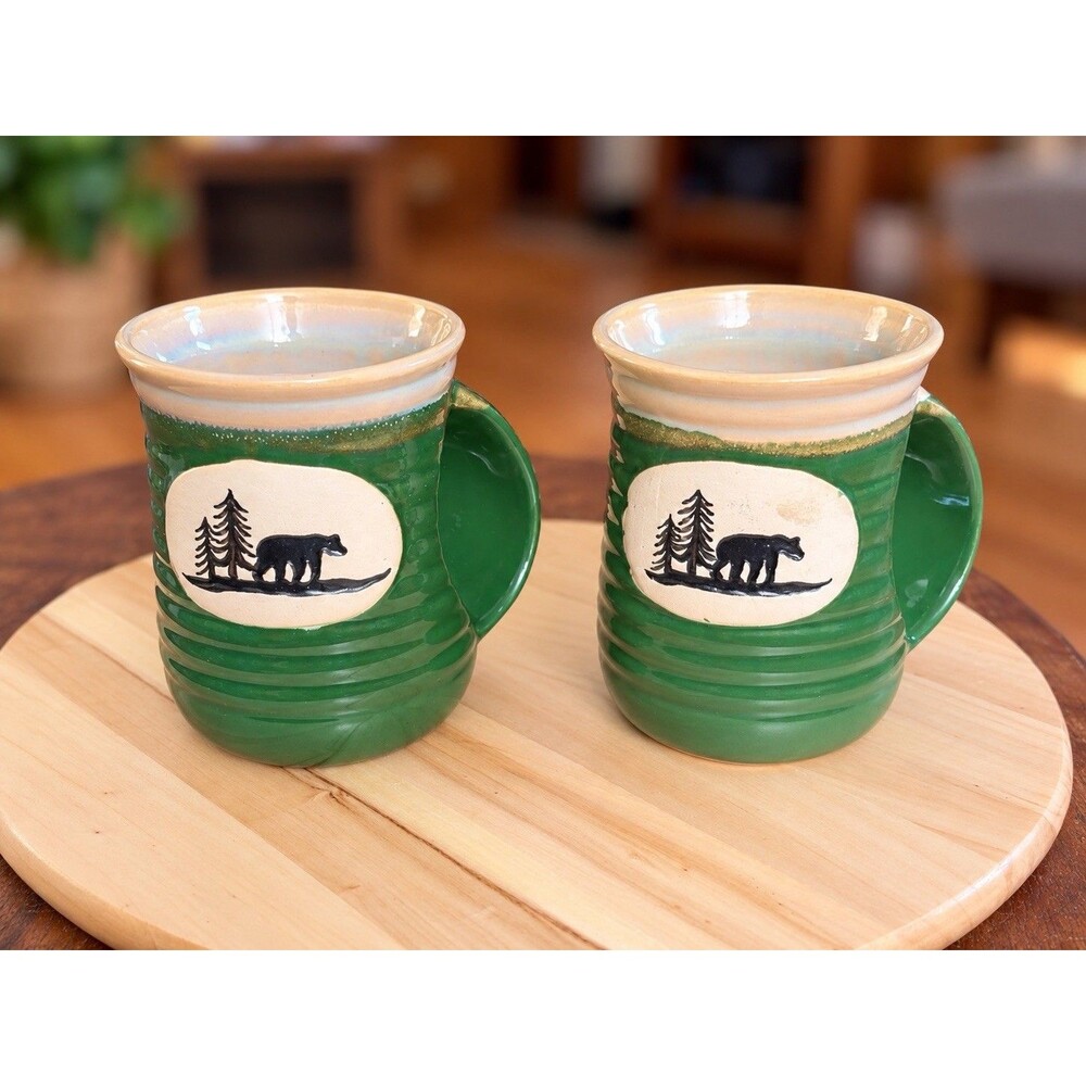 Pair of Green Bear Hand-Warmer Stoneware Mugs